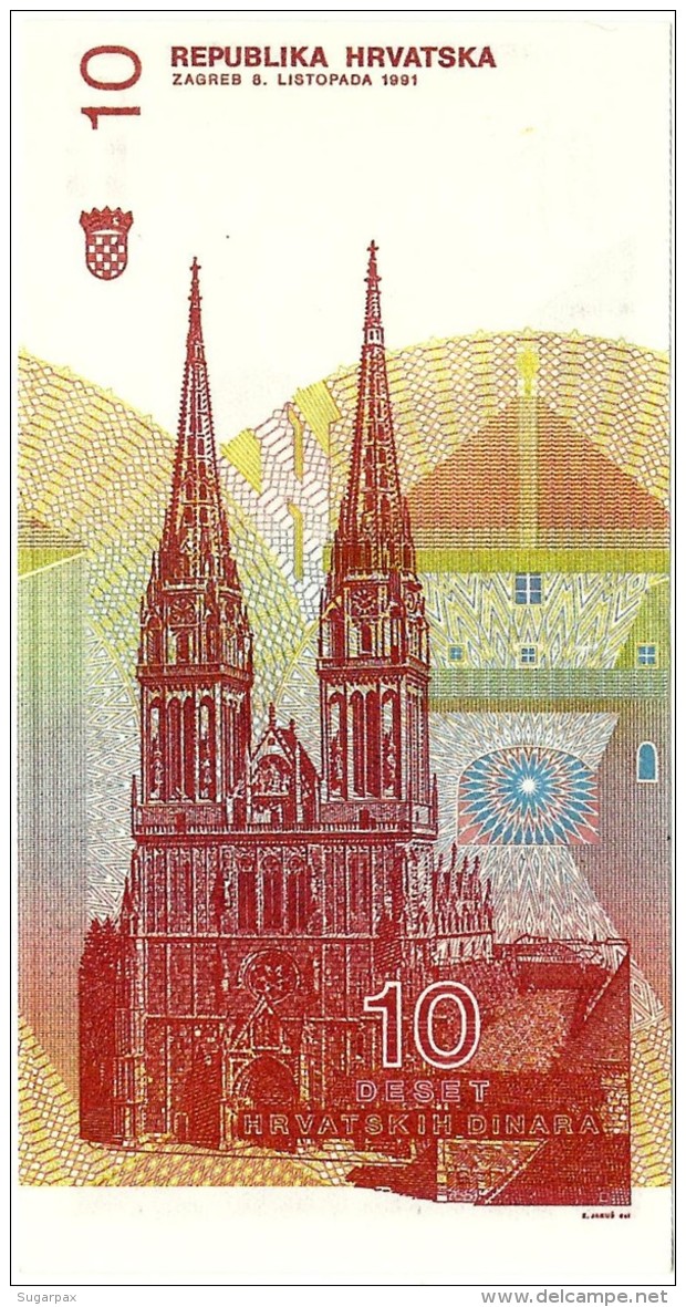 CROATIA - 10 Dinara - 08/10/1991 - P 18 - Unc. - Série C7 - Ruder Boskovic / Zagreb Cathedral - Croácia Croatie Kroatien - Croatie