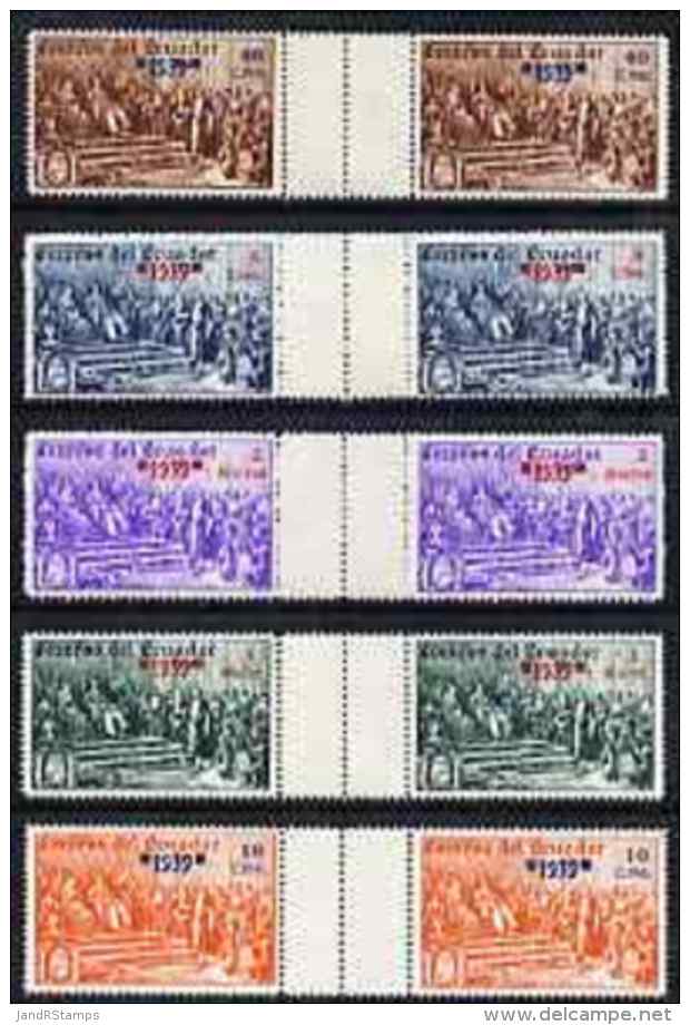 61563 Ecuador 1939 The Unissued Rectangular Columbus Set Of 5 Values Opt'd '1939' In Inter-paneau Horizontal Gutter Pair - Exploradores