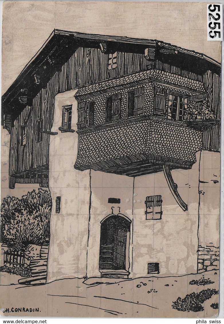 Igis Bündnerhaus - Schuler's Goldseife - Litho Ch. Conradin - 11,5x16,5cm - Igis