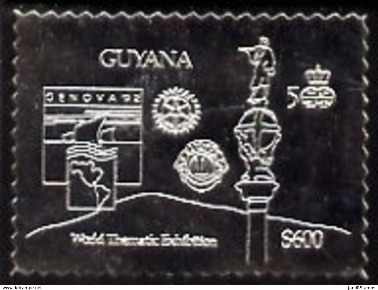 86885 Guyana 1992 'Genova 92' International Thematic Stamp Exhibition $600 Perf Embossed In Silver Foil Featuring Statue - Christopher Columbus