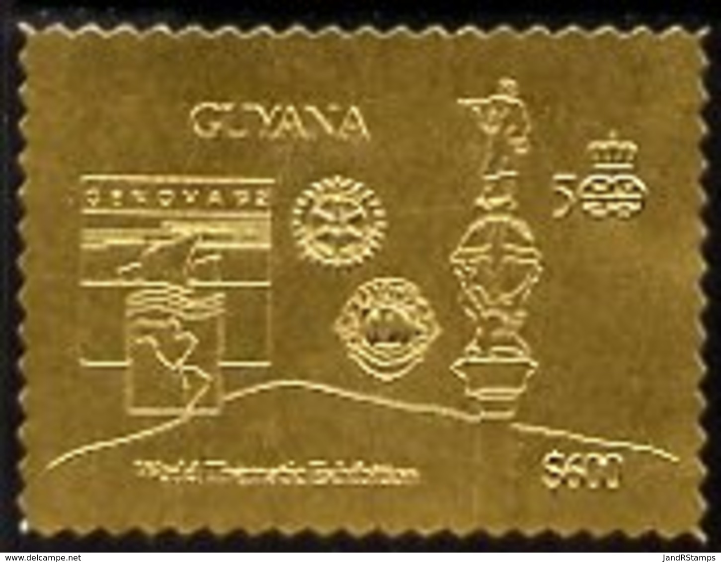 86886 Guyana 1992 'Genova 92' International Thematic Stamp Exhibition $600 Perf Embossed In Gold Foil Featuring Statue O - Christopher Columbus