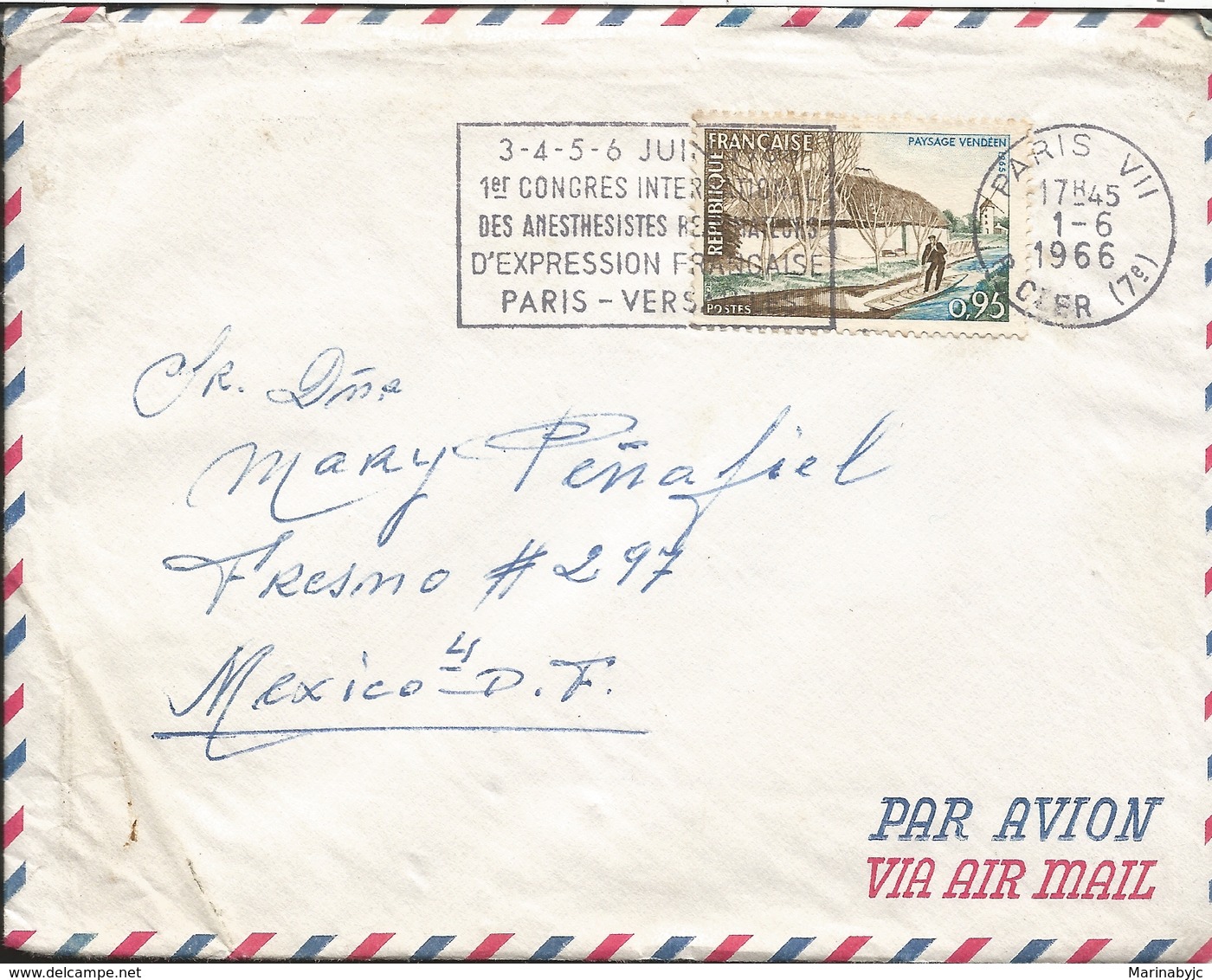 M) 1966 FRANCE, AIR MAIL, LANDSCAPE VENDEEN, BLACK SEAL OF CANCELLATION, CIRCULATED COVER FROM FRANCE TO MEXICO. - Other & Unclassified