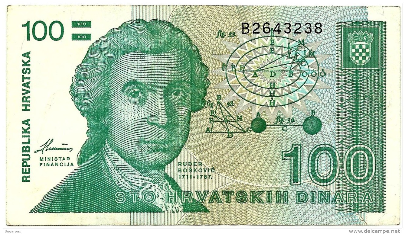 CROATIA - 100 Dinara - 08/10/1991 - P 20 - Used - Série B2 - R. Boskovic / Zagreb Cathedral - Croácia Croatie Kroatien - Croatie