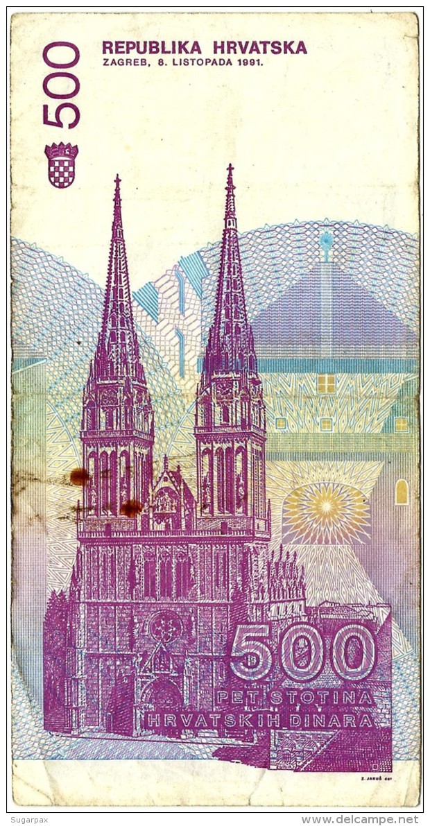 CROATIA - 500 Dinara - 08/10/1991 - P 21 - Used - Série B3 - R. Boskovic / Zagreb Cathedral - Croácia Croatie Kroatien - Croatia