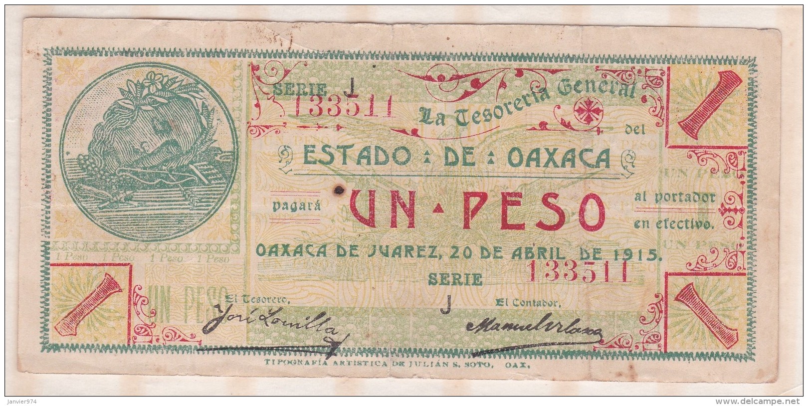 ESTADO DE OAXACA 1 Pesos 1915, Série J, N° 133511 - Mexique