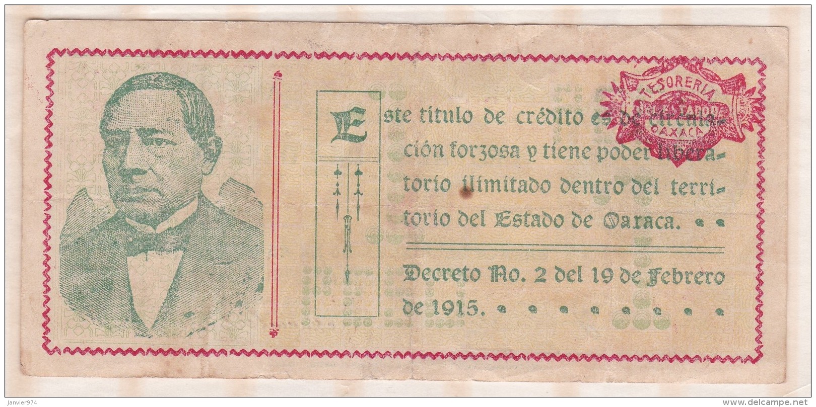 ESTADO DE OAXACA 1 Pesos 1915, Série J, N° 133511 - Mexique