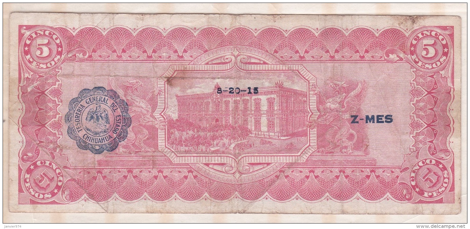 EL ESTADO DE CHIHUAHUA 5 Pesos 1915, Série M ,N° 1256723 - Mexique