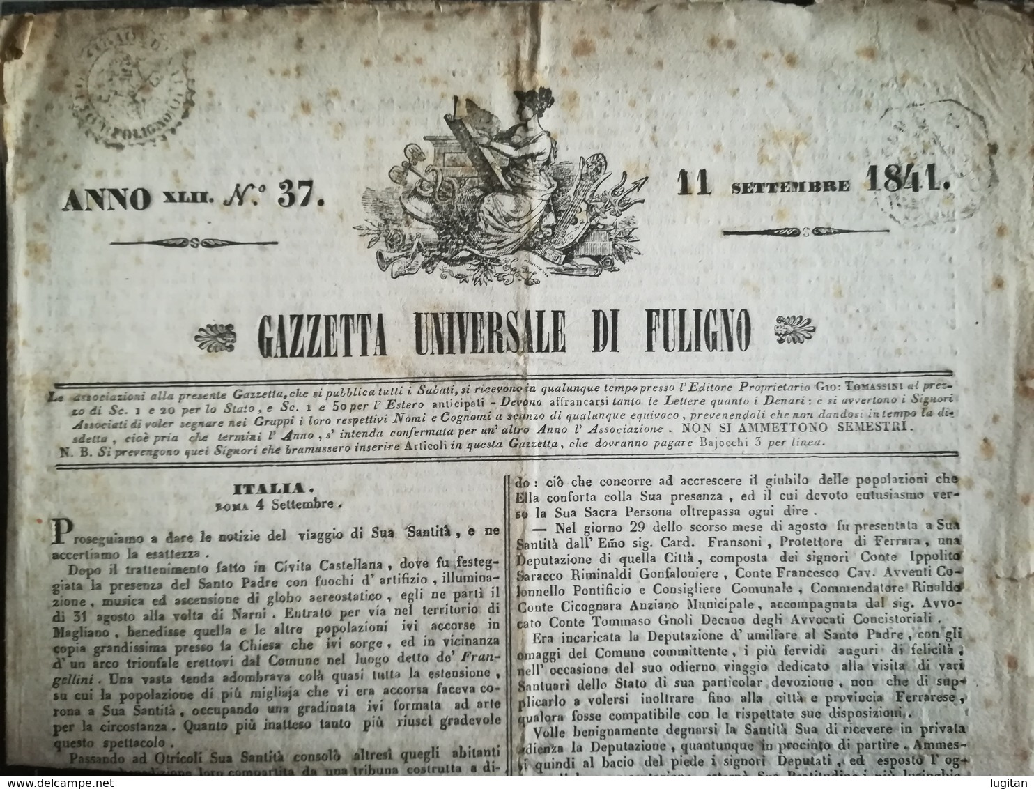 GAZZETTA UNIVERSALE DI FULIGNO ( FOLIGNO ) 11 SETTEMBRE 1841 - ANNO XLII N° 37 - Documenti Storici