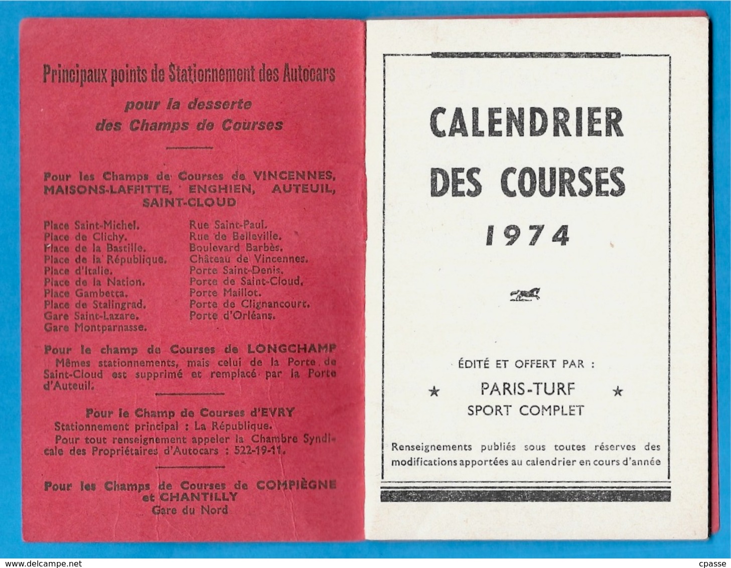 Sport Equitation Calendrier Des Courses 1974 " PARIS-TURF " *** Hippique Hippisme Cheval Tiercé 78 92 94 95 ... - Ruitersport
