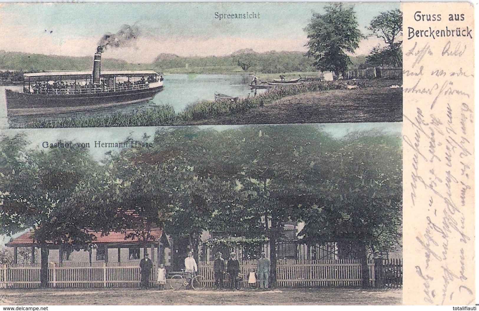 Gruss Aus BERCKENBRÜCK Amt Fürstenwalde Color Fahrgastschiff Spree Gasthof Hermann Haase Bahnpost 1909 ? - Fuerstenwalde