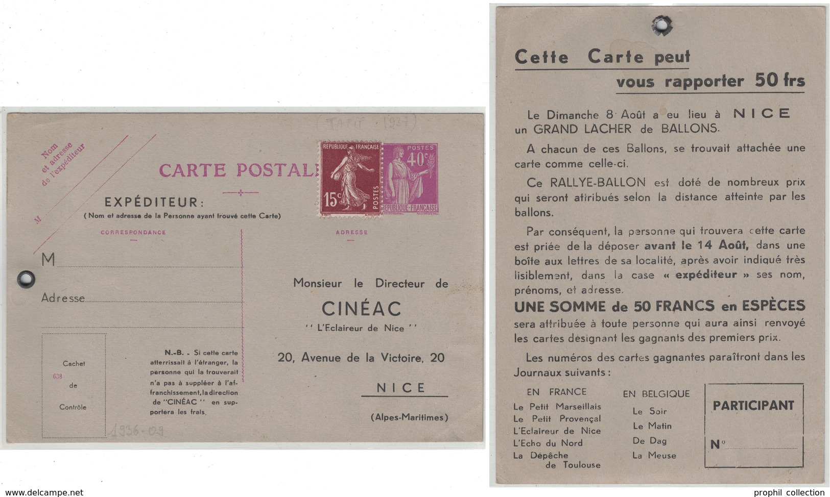 RARE REPIQUAGE " LACHER DE BALLONS " NICE Sur CARTE ENTIER POSTAL TYPE PAIX À RENVOYER AU DIRECTEUR DE CINEAC - Cartes Postales Repiquages (avant 1995)