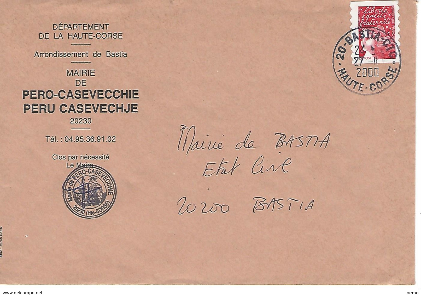 CORSE:Timbre De Carnet Marianne De Luquet Sur Lettre . MAIRIE DE PERU CASEVECHJE - 1961-....