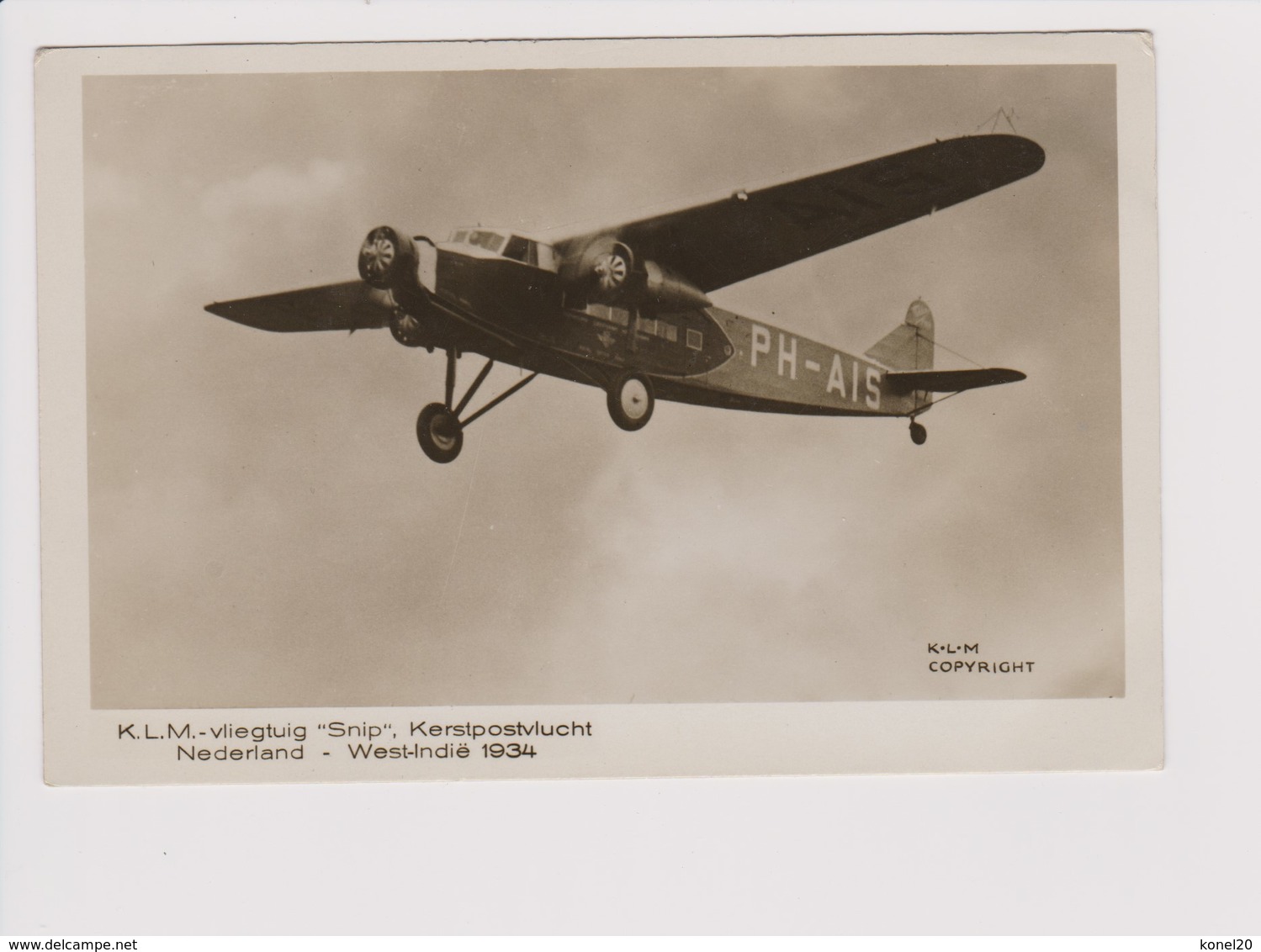 Vintage Rppc KLM K.L.M Royal Dutch Airlines Christmas Flight 1934 Fokker F-18 Aircraft - 1919-1938: Between Wars