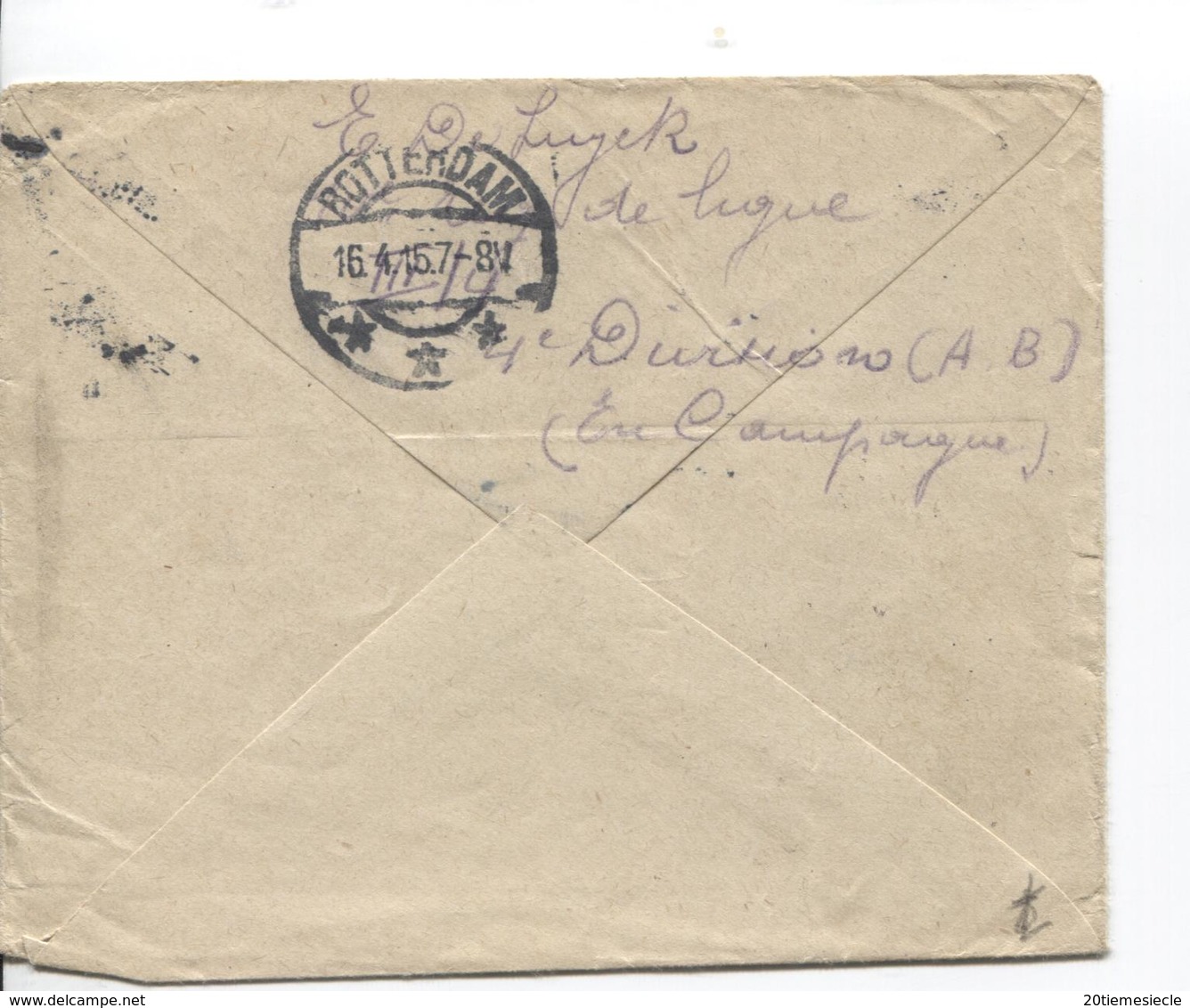 TP 123(2) S/L.c.PMB-BLP 4 9/4/1915 écrite Par 1 Soldat V.Rotterdam C.d'arrivée AP2032 - Armée Belge