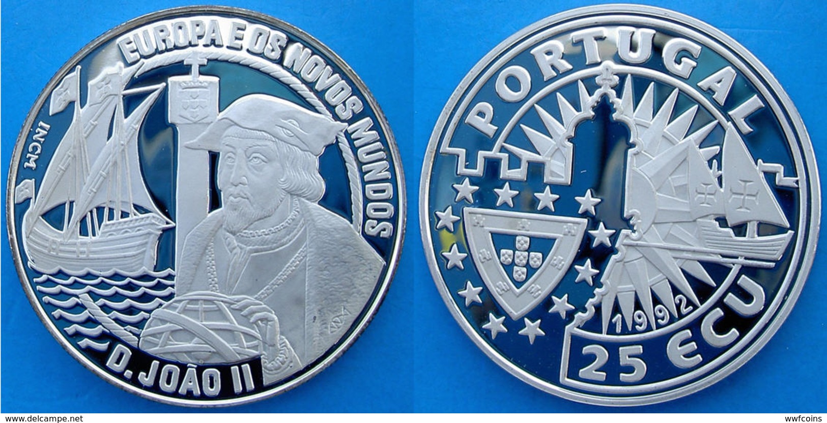 PORTUGAL 25 E 1992 ARGENTO PROOF SILVER D.JOAO II SCOPERTA DEL NUOVO MONDO EUROPA PESO 28g TITOLO 0,925 CONSERVAZIONE FO - Portogallo