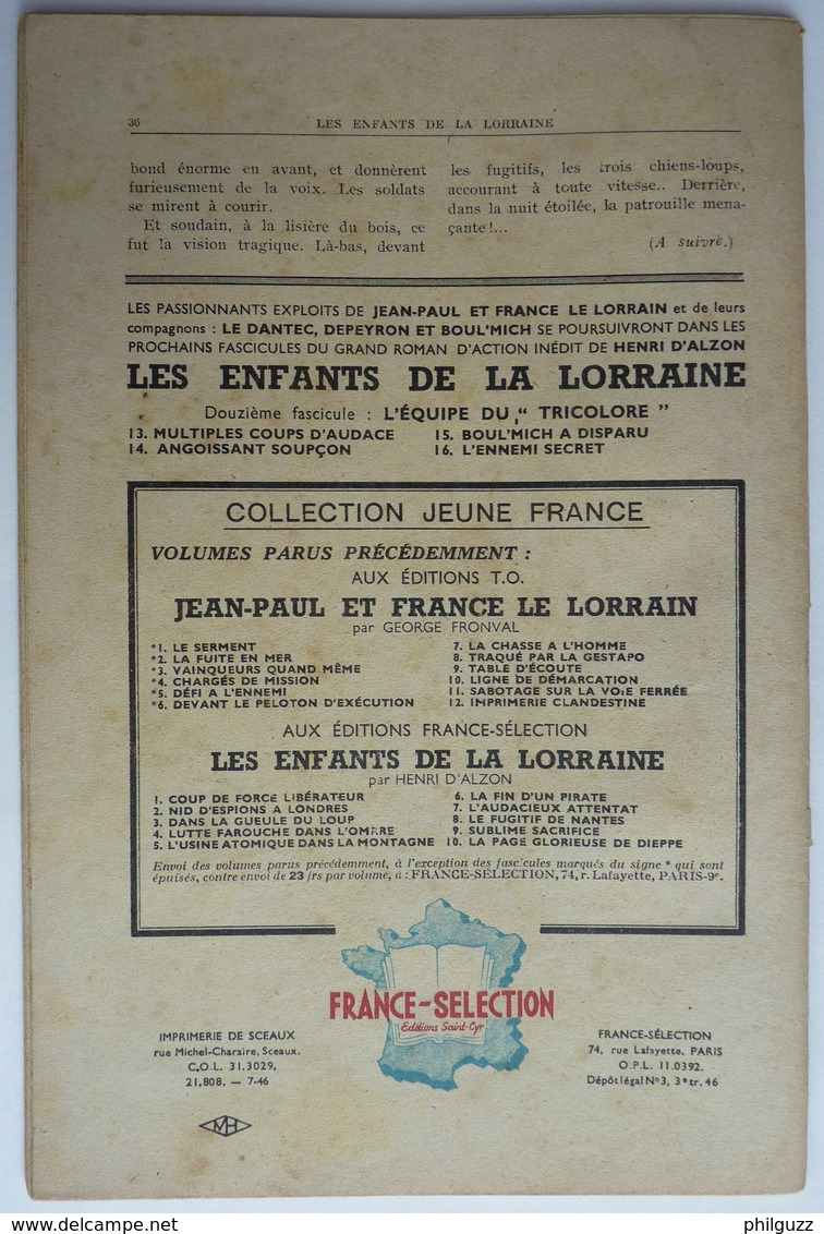 Roman LES ENFANTS DE LA LORRAINE N°11 PASSAGE DE FRONTIERE H D'ALZON BRANTONNE 1946 Collection Jeune France - Adventure