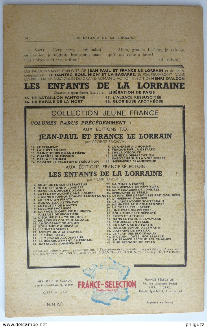 Roman LES ENFANTS DE LA LORRAINE N°43 AVEC LA 2ème DIVISION BLINDEE H D'ALZON BRANTONNE   Collection Jeune France 1948 - Aventure