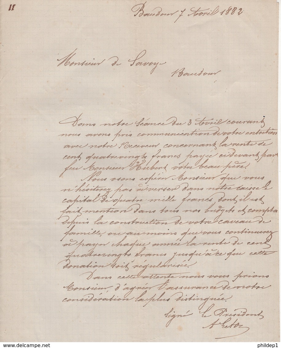 Jen. Lettre Concernant Un Caveau De Famille. Baudour Le 07/04/1882. - 1800 – 1899