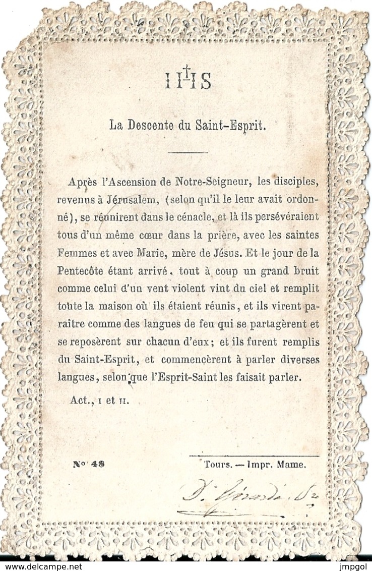 Image Pieuse Façon Canivet N° 48 "La Descente Du Saint Esprit" L J Hallez Berthiault Impr. Tours F. Ludy Sculpt. - Images Religieuses