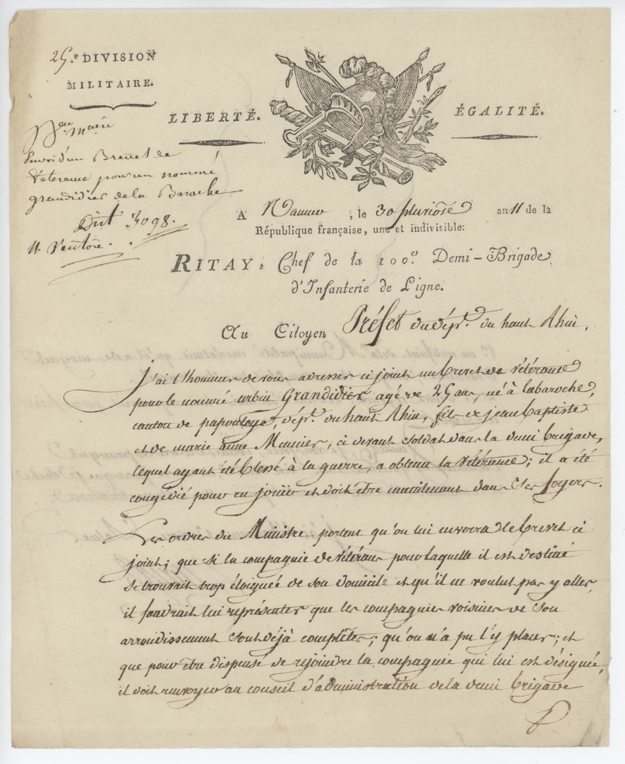 Namur An 11 - 9.2.1803 Ritay Chef De La 100e Demi-Brigade D'infanterie De Ligne Héraldique - Historical Documents