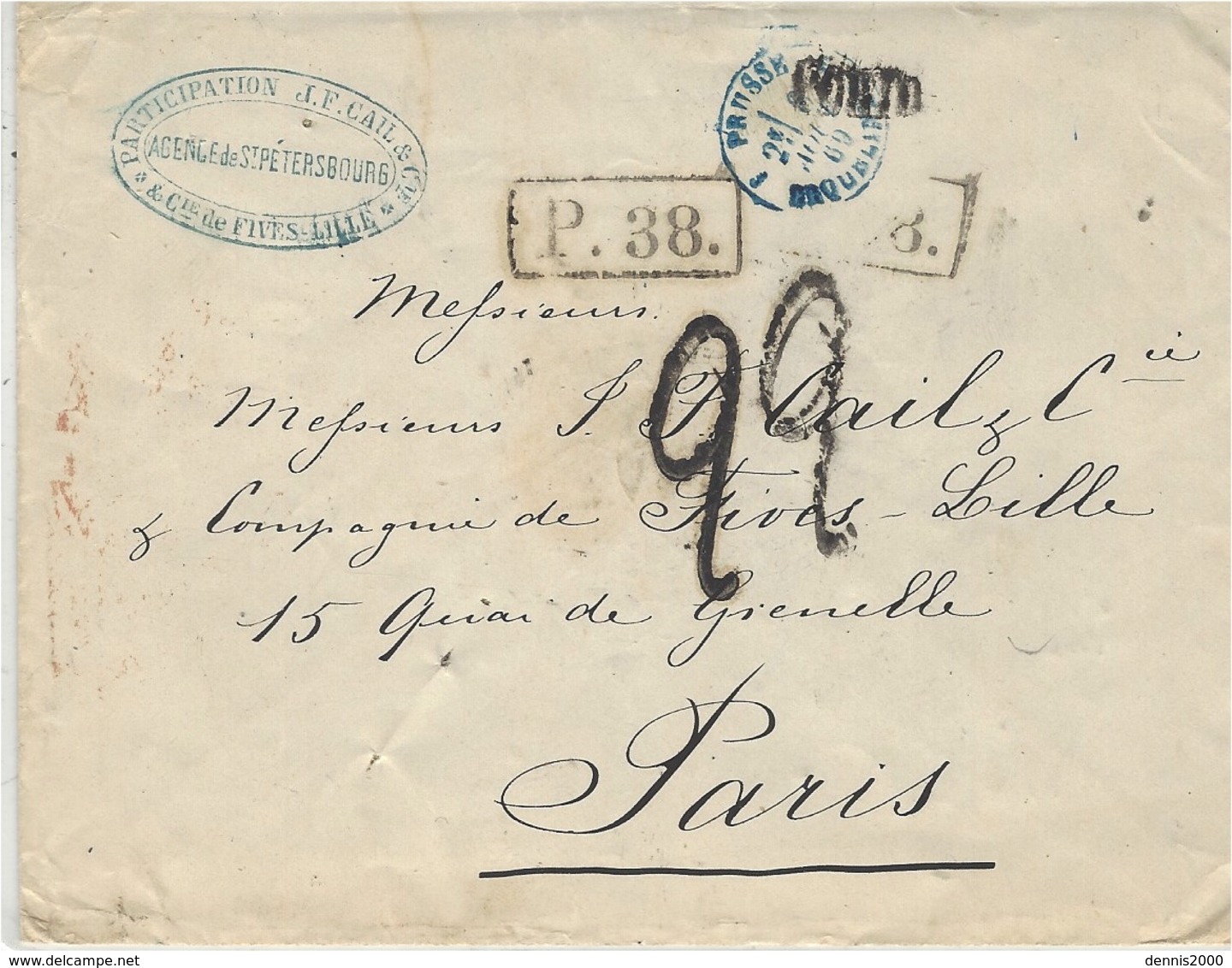 1869- Cover From St Petersbourg  To Paris - P. 38  +French Rating 22 Black -  + PORTO - Briefe U. Dokumente