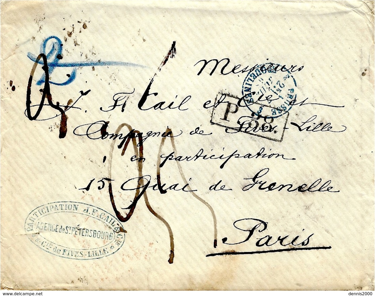 1868- Cover From St Petersbourg  To Paris - P. 38  +French Rating 33 Black -  +  Blue French Entrance - Briefe U. Dokumente