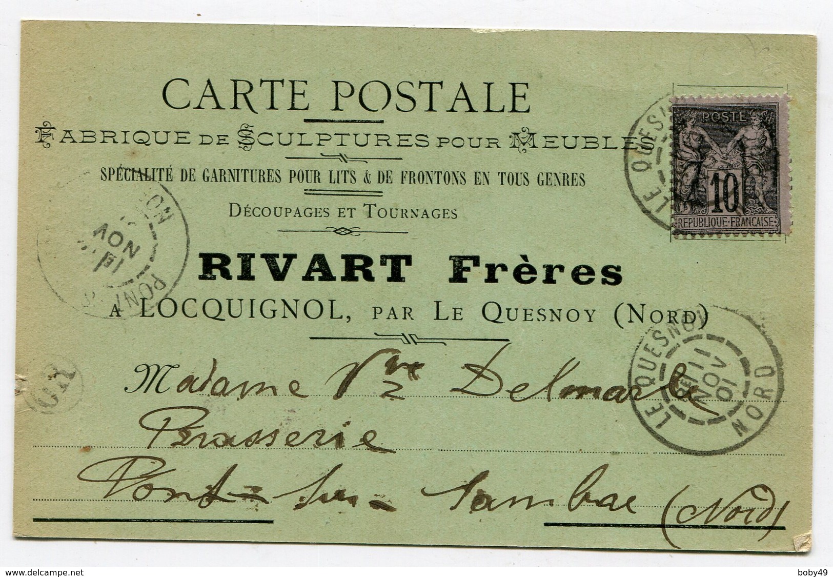 NORD De LOCQUIGNOL CP Privée RIVART Frres Du 11/11/1901 Avec Cachet OR + Sage N°89 Oblitéré Par Dateur A2 LE QUESNOY - 1877-1920: Période Semi Moderne