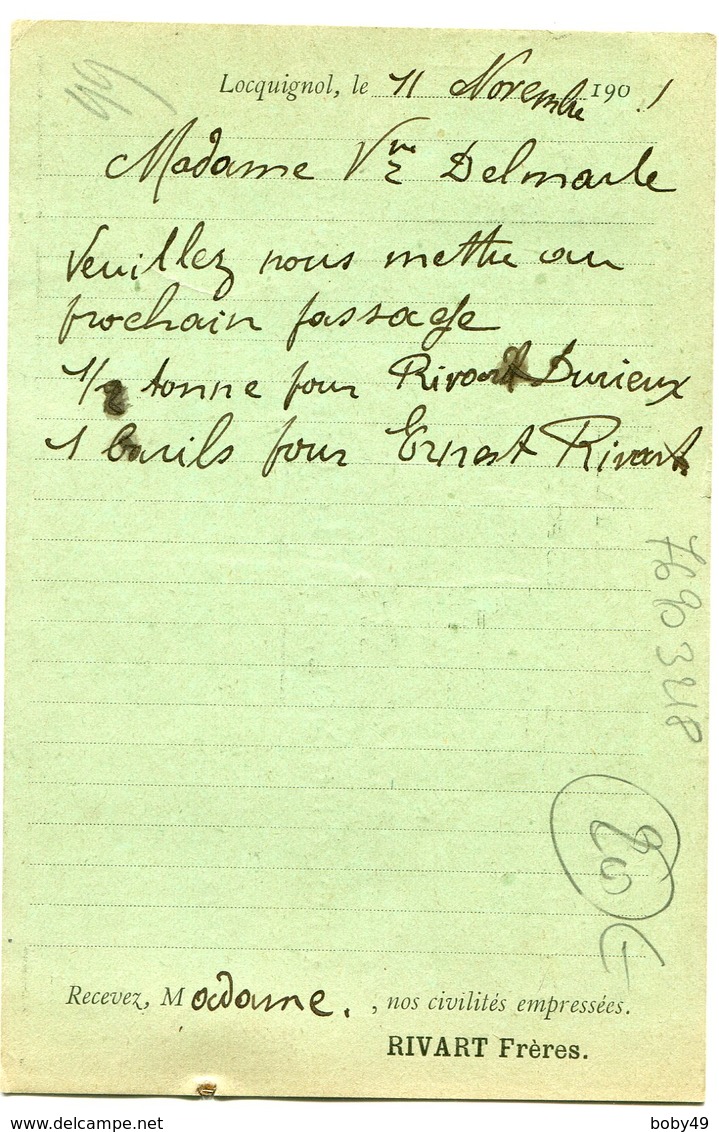 NORD De LOCQUIGNOL CP Privée RIVART Frres Du 11/11/1901 Avec Cachet OR + Sage N°89 Oblitéré Par Dateur A2 LE QUESNOY - 1877-1920: Période Semi Moderne