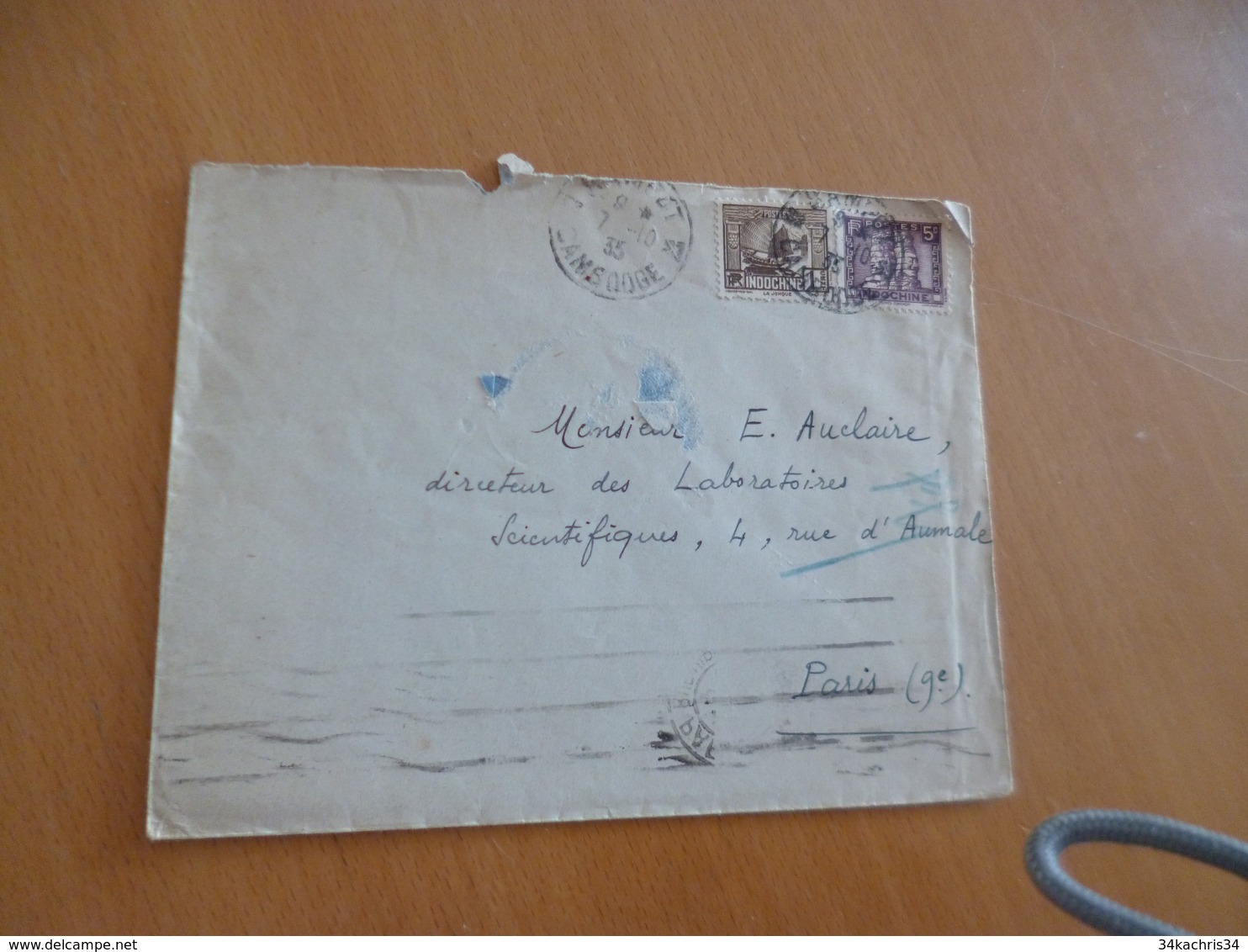 Lettre France Colonies Françaises Cambodge  Pour Paris 07/10/1935  2 TP Indochine - Kambodscha