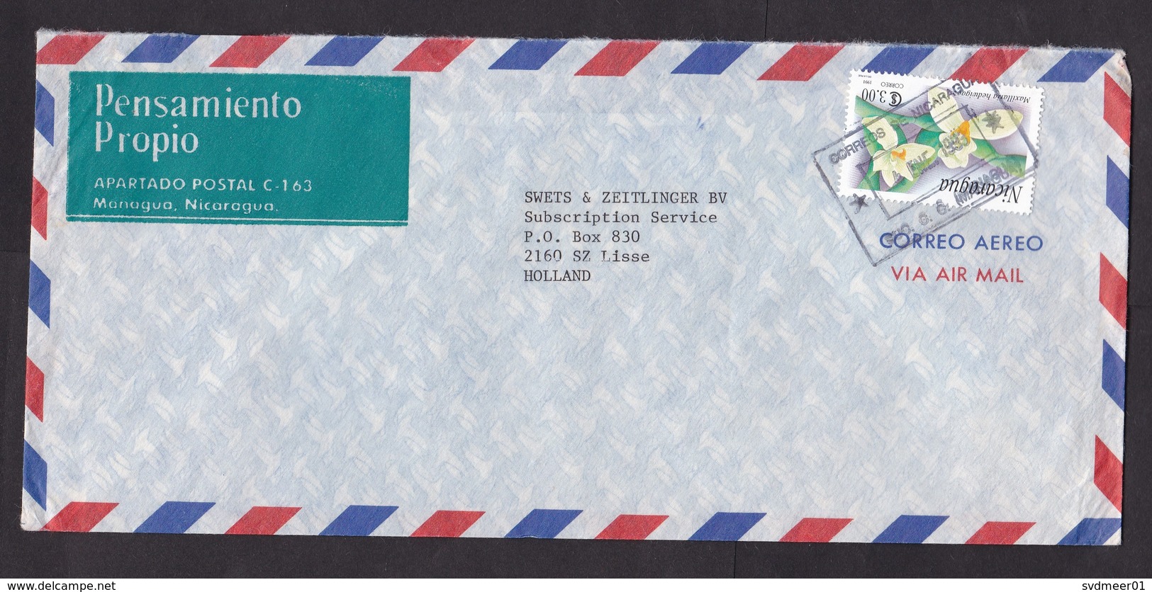 Nicaragua: Airmail Cover To Netherlands, 1993, 1 Stamp, Orchid Flower, Rare Real Use! (minor Damage At Back) - Nicaragua