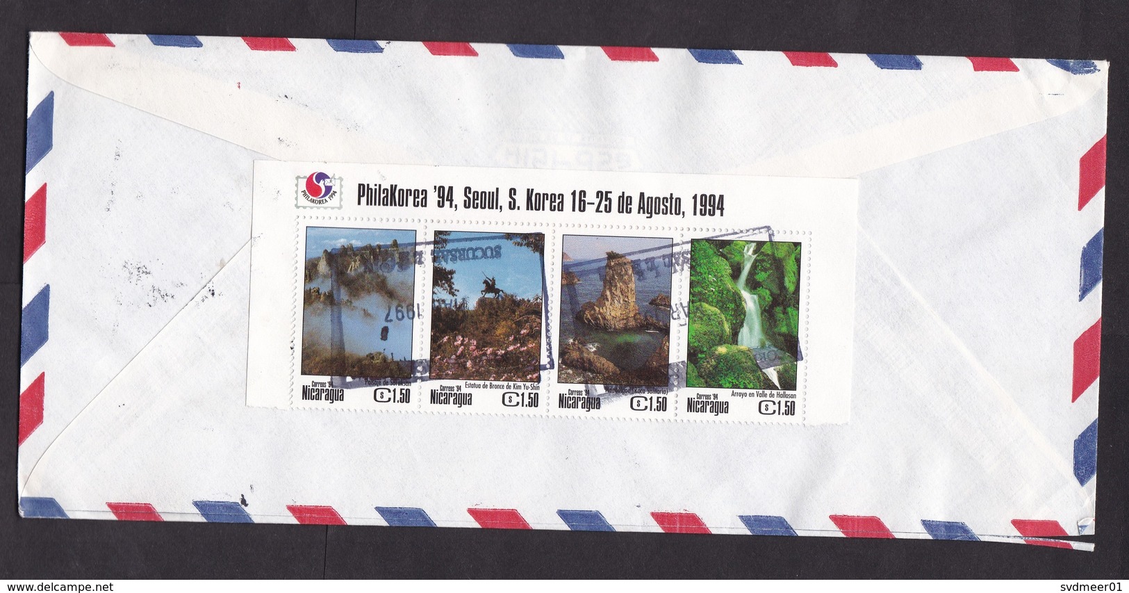 Nicaragua: Airmail Cover To Netherlands, 1997, 5 Stamps, Strip PhilaKorea, Landscapes, Rare Real Use! (traces Of Use) - Nicaragua