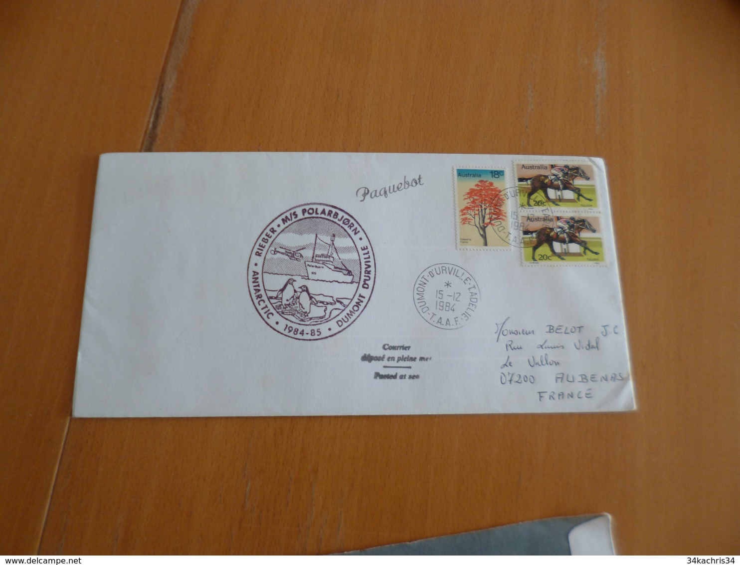 Lettre Cachet Dumont D'Urville T.Adélie T.A.A.F. 15/12/1984 Avec TP Australien Et Cachet Australie Griffe Paquebot - Other & Unclassified