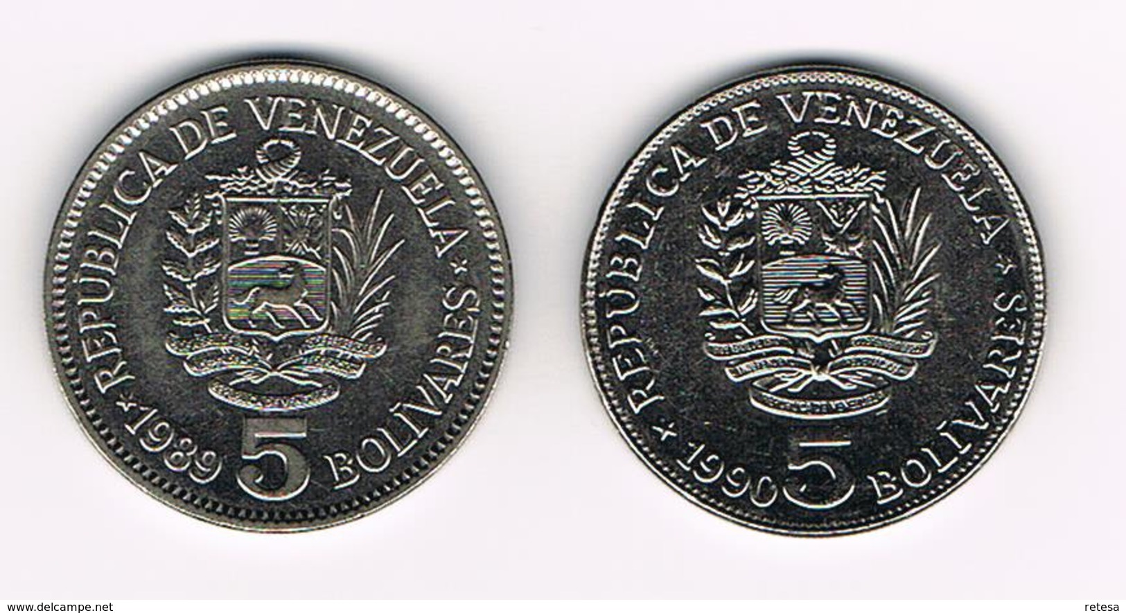 &  VENEZUELA  2 X 5   BOLIVARES  1989/90 - Venezuela