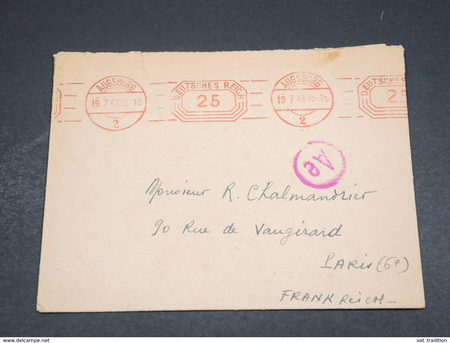 ALLEMAGNE - Enveloppe De Augsburg Pour Paris En 1943 , Affranchissement Mécanique - L 18300 - Lettres & Documents