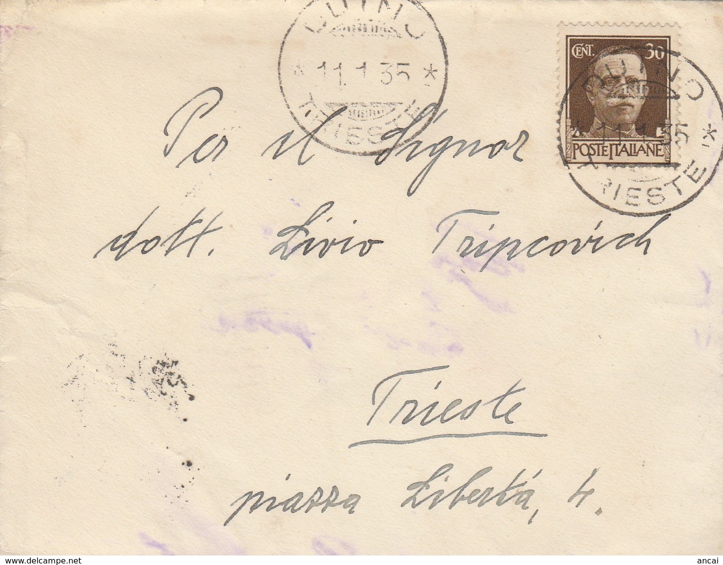 Duino. 1935. Annullo Guller DUINO *TRIESTE*,  Su  Lettera Affrancata Con  C. 30 - Storia Postale