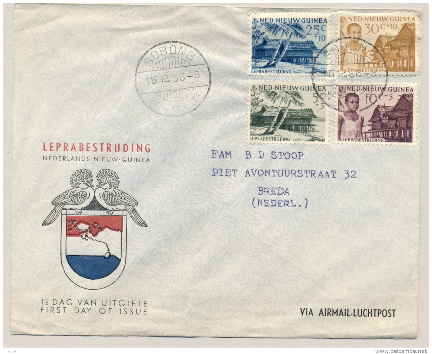 Nederlands Nieuw Guinea - 1956 - Lepra Serie 1e Dag / FDC Op Cover Van Sorong/2 Naar Breda / Nederland - Nederlands Nieuw-Guinea