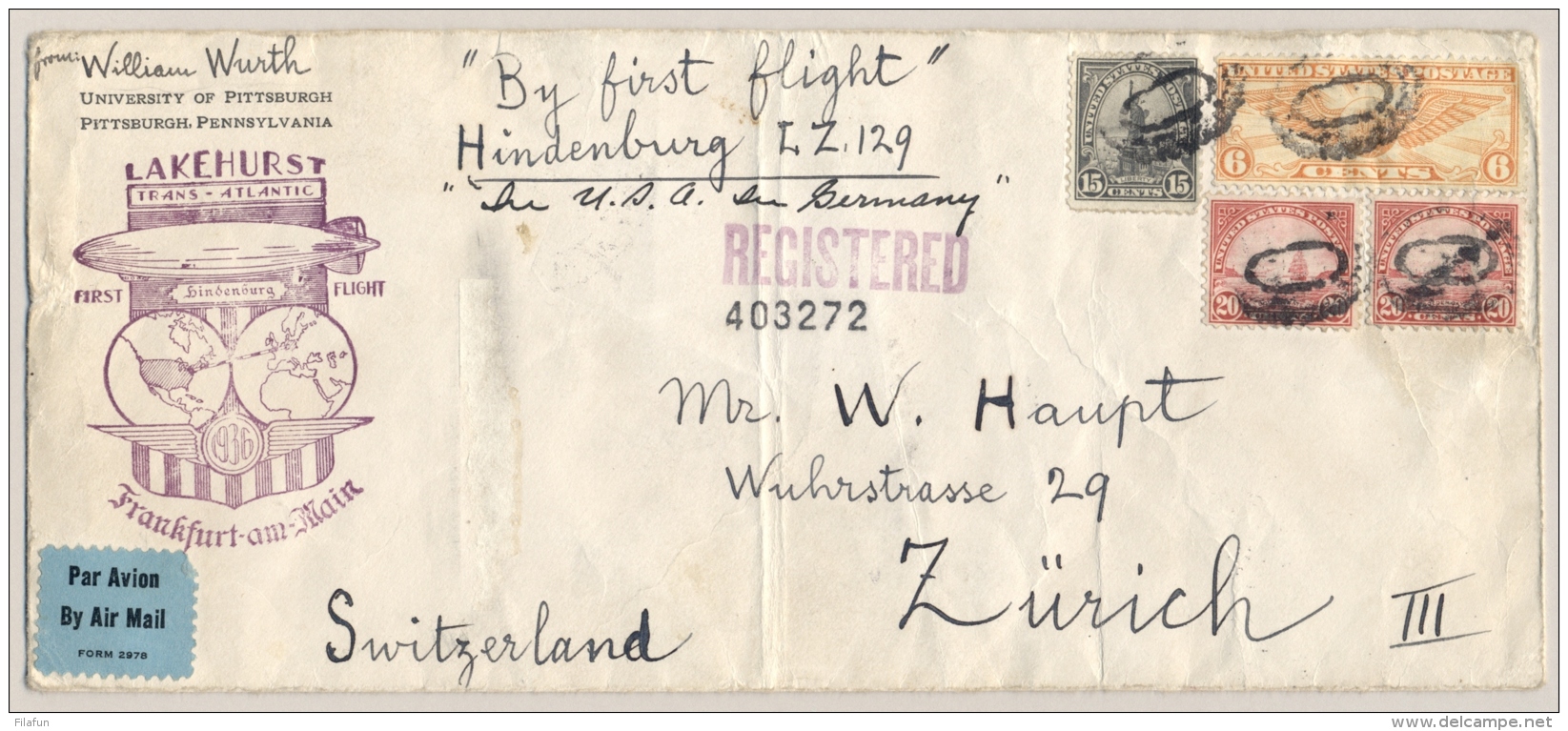USA / Deutschland - 1936 - First Zeppelin Flight Cover LZ 129 Hindenburg From Lakehurst To Frankfurt (Machine Cancel) - Briefe U. Dokumente