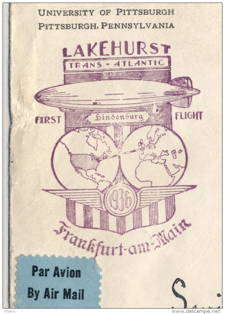 USA / Deutschland - 1936 - First Zeppelin Flight Cover LZ 129 Hindenburg From Lakehurst To Frankfurt (Machine Cancel) - Briefe U. Dokumente