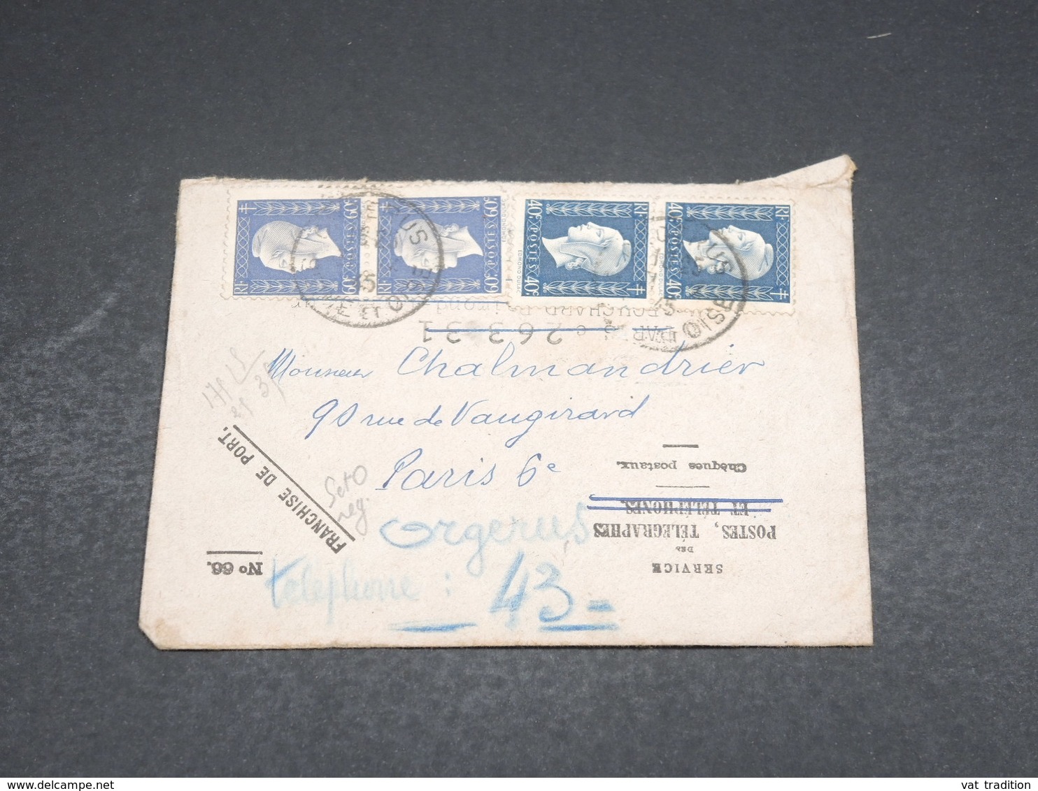 FRANCE - Enveloppe Des Chèques Postaux De Paris Pour Paris En 1945 , Affranchissement Dulac - L 18338 - 1921-1960: Période Moderne