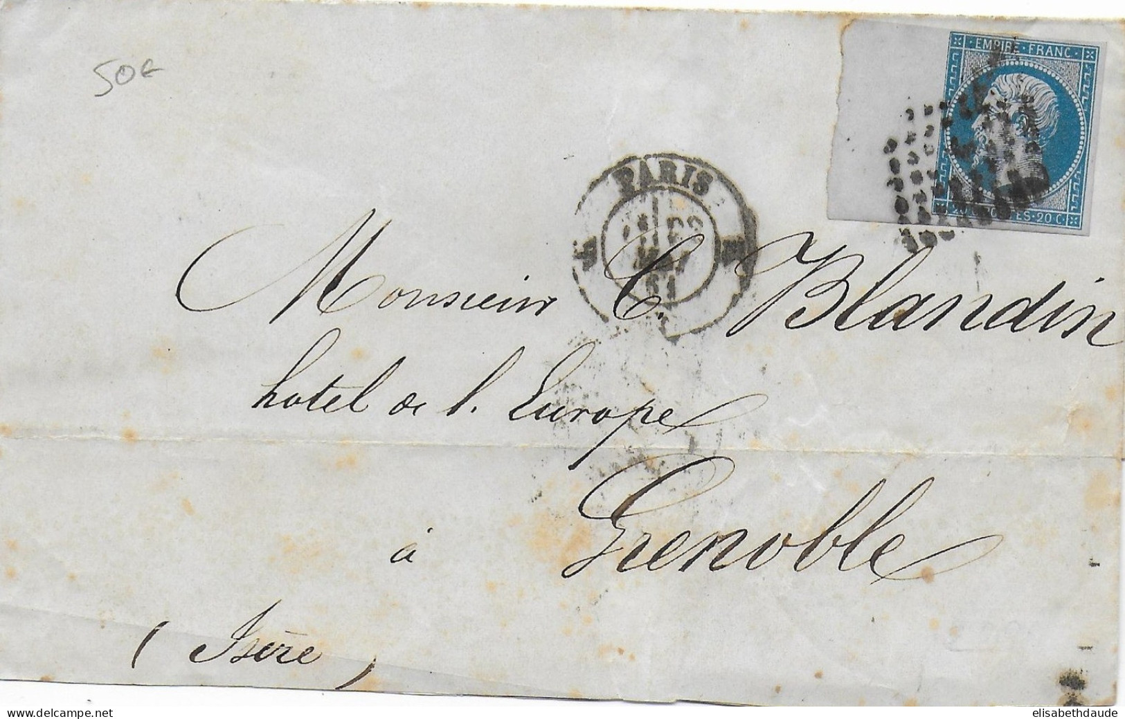 1861 - EMPIRE 20c AVEC BORD DE FEUILLE Sur LETTRE LSC De PARIS => GRENOBLE - 1853-1860 Napoleon III