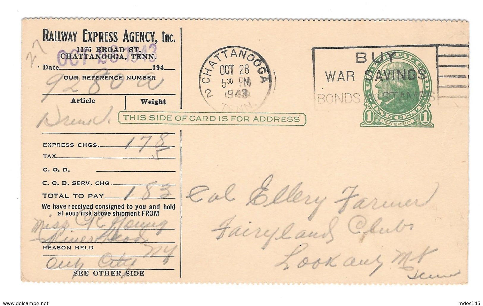 UX27 Railway Express Agency Serrated Postal Card Chattanooga TN 1943 Delivery Notice - Postal History