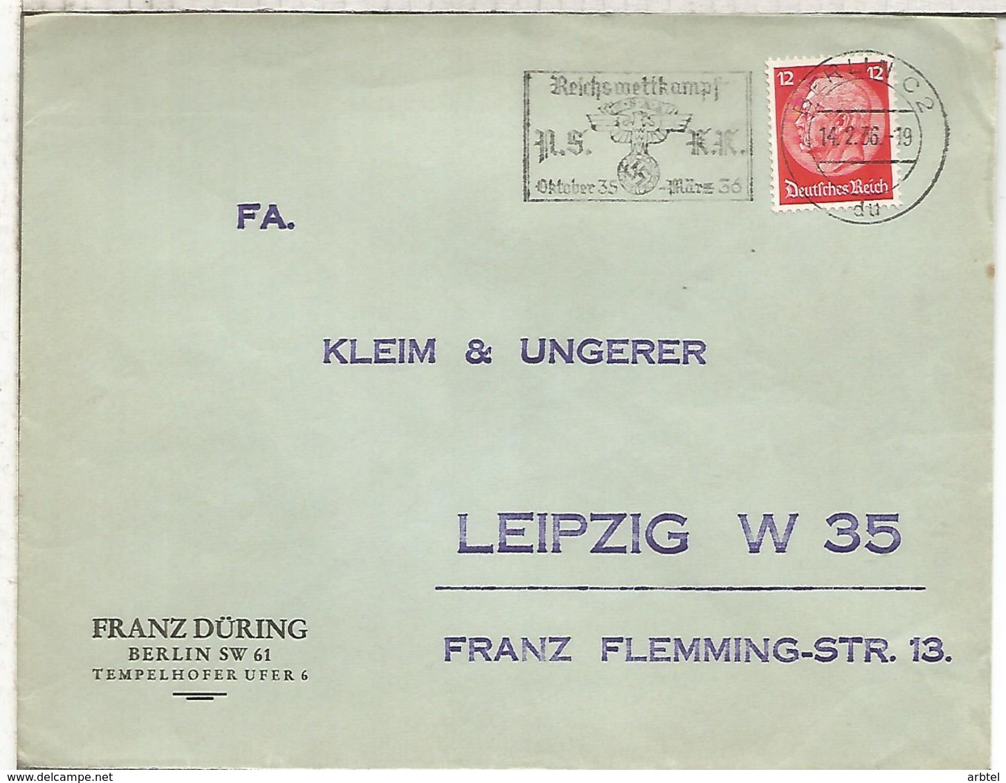 ALEMANIA BERLIN 1936 REICHSWETTKAMPF NAZISMO DEPORTE - Cartas & Documentos