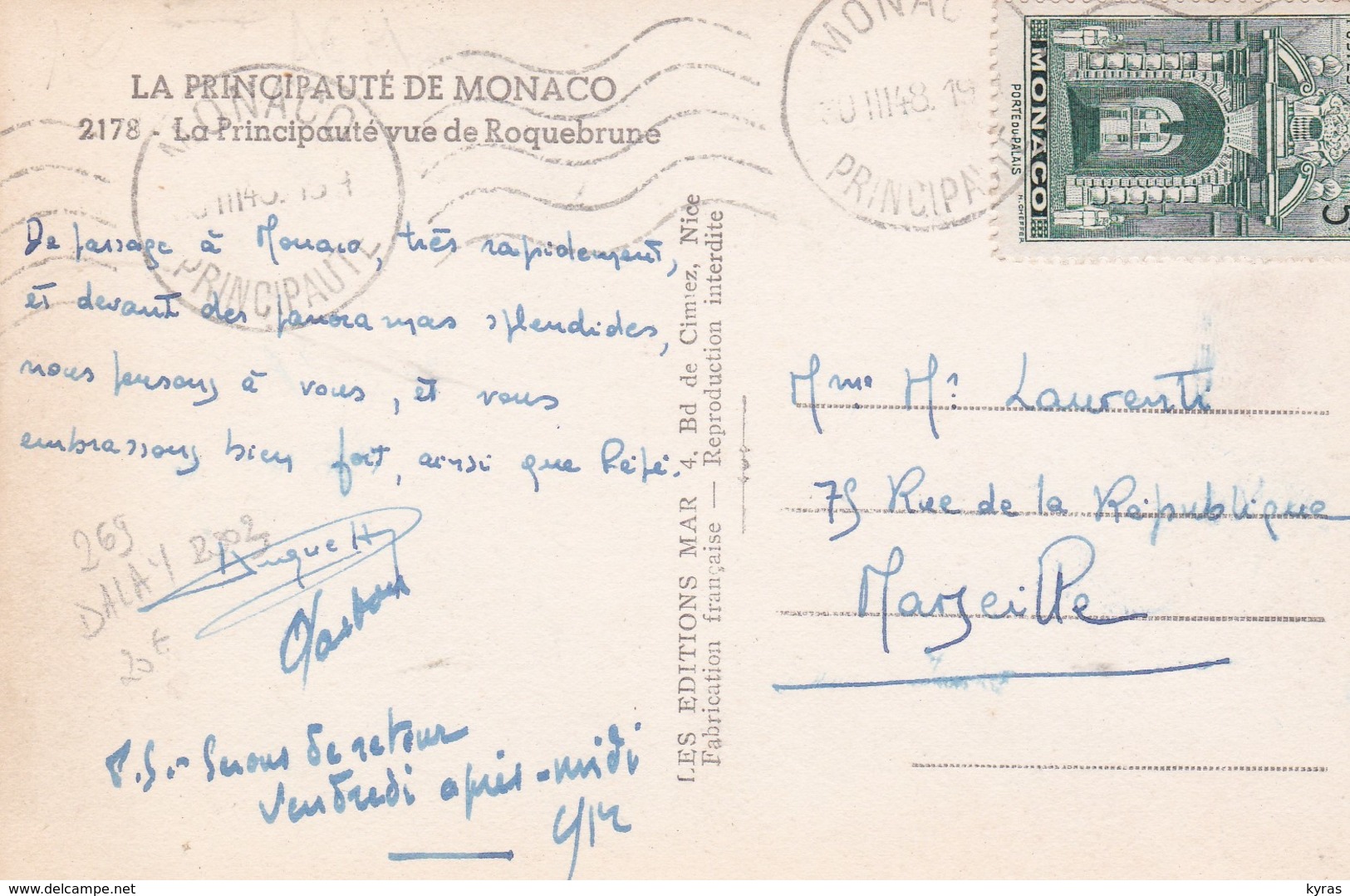 MONACO . Timbre 5 F Vert . Porte Du Palais Seul  S/ CPSM  9X14 . Principauté Vue De Roquebrune - Storia Postale