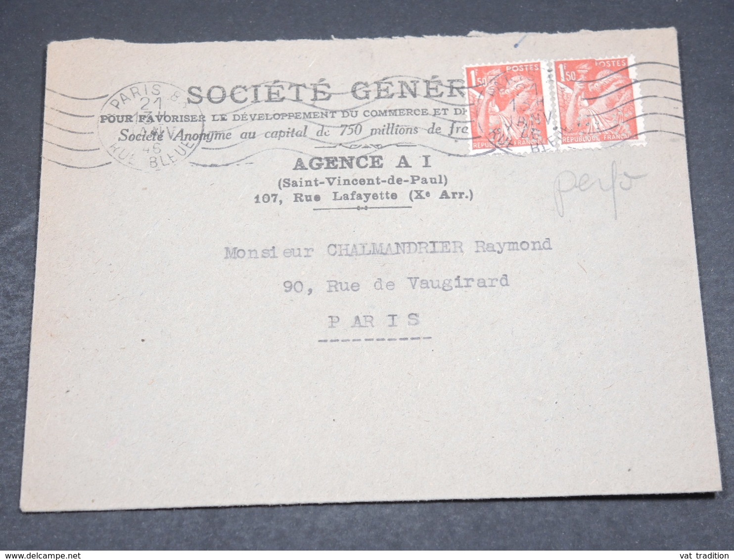 FRANCE - Type Iris Perforés SG Sur Enveloppe Commerciale De Paris En 1946 - L 18369 - Autres & Non Classés