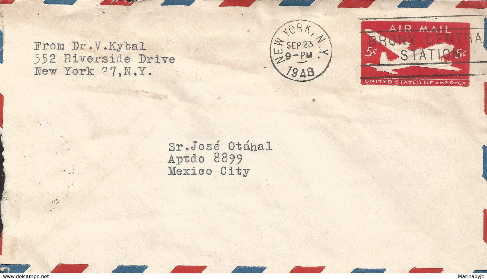 M) 1948, USA, AIR MAIL, RED AIR PLANE, BRONY CENTRAL STATION, CIRCULATED COVER FROM USA, TO MEXICO. - Other & Unclassified