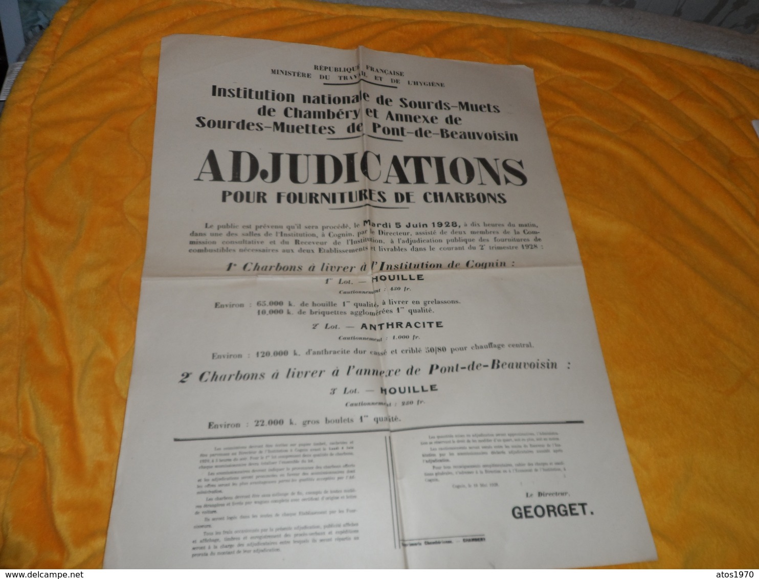 AFFICHE ANCIENNE DE 1928. / ADJUDICATIONS POUR FOURNITURES DE CHARBONS. / COGNIN LE 18 MAI 1928. / MINISTERE DU TRAVAIL - Afiches