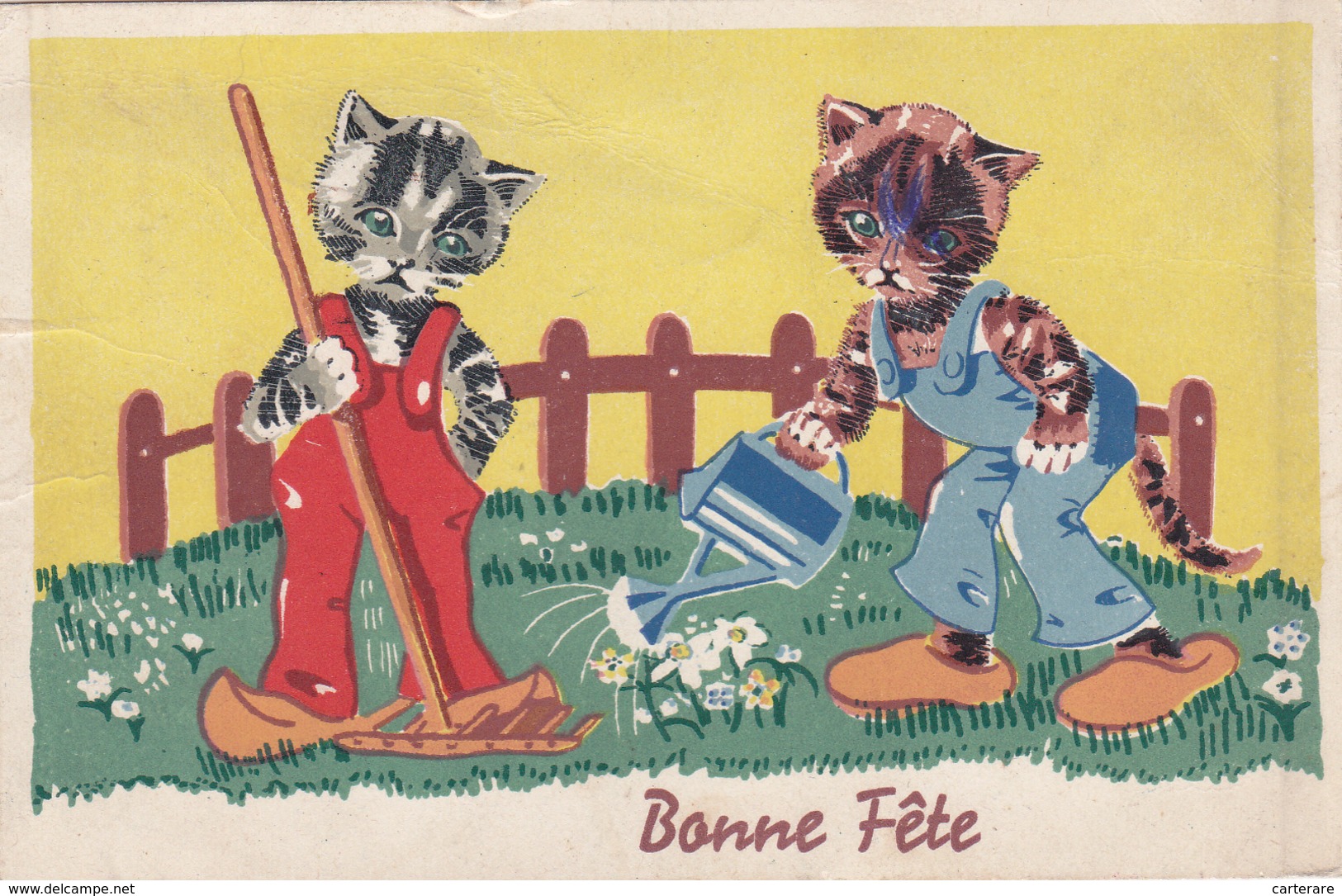 Carte Postale Ancienne,BONNE FETE,chats ,chat,apparence Humaine,jardinier,métier, Cat,humain - Katzen