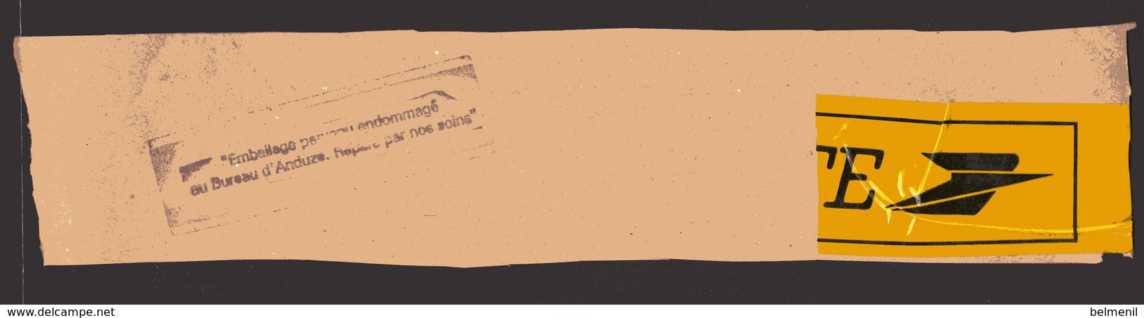 Cachet Linéaire Noir " Emballage Parvenu Endommagé Au Bureau D'Anduze " Réparé Par Nos Soins  ( Scotch Jaune La Poste ) - Cartas Accidentadas
