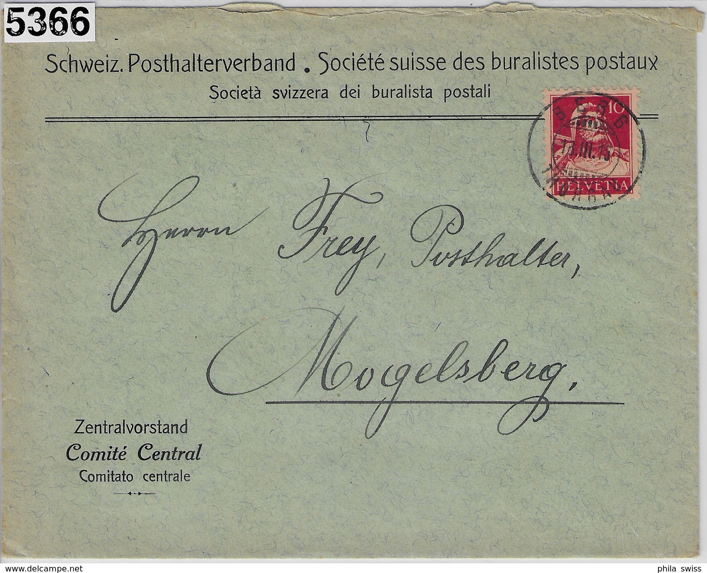 1916 Tell 126II/118II Berg Thurgau 18.III.16 To Mogelsberg - Schweiz. Posthalterverband - Lettres & Documents