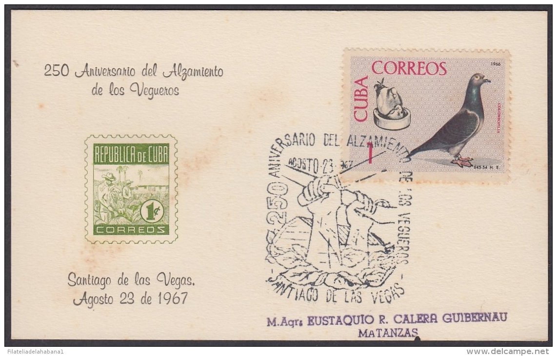 1967-CE-30 CUBA 1967 SPECIAL CANCEL. EXPO FILATELICA SANTIAGO DE LAS VEGAS 250 ANIV ALZAMIENTO DE LOS VEGUEROS. - Covers & Documents